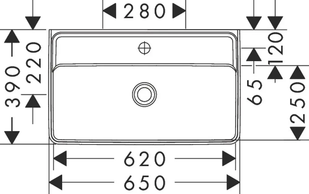 Hansgrohe Waschtisch mit rechteckiger Form, einem mittigen Hahnloch und ohne Überlauf, abgebildet mit Dimensionen und technischen Angaben.
